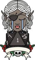 Retro Tattoo Style crying elf rogue character with natural one D20 roll vector
