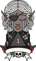 Retro Tattoo Style crying elf rogue character with natural one D20 roll vector