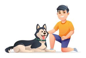 niño con su ilustración de personaje de dibujos animados de perro husky vector