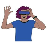 African American happy woman in virtual reality glasses. VR technology vector illustration of girl in digital augmented reality. Metaverse minimalist simple character