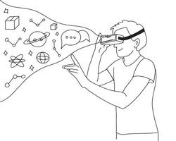 Vector illustration of a person holding virtual reality glasses. VR technology black and white drawing of man in digital augmented reality. Metaverse minimalist simple concept