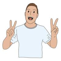 Handsome happy young male character with wide smile, showing peace or victory V gesture sign with both hands. Hand drawn vector illustration in simple kawaii style.