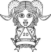 Black and White Tattoo linework Style tiefling with natural twenty dice roll vector