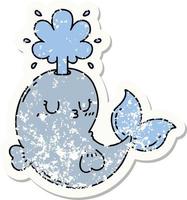 worn old sticker of a tattoo style happy squirting whale character vector