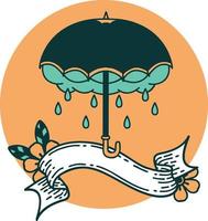icono de estilo tatuaje con pancarta de un paraguas y una nube de tormenta vector