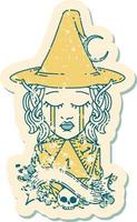 Retro Tattoo Style crying elf mage character face with natural one D20 roll vector