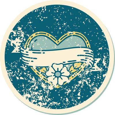 iconic distressed sticker tattoo style image of a heart and banner with flowers