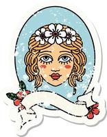 worn old sticker with banner of a maiden with flowers in her hair vector