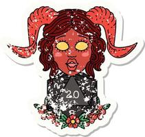 grunge sticker of a tiefling with natural twenty dice roll vector