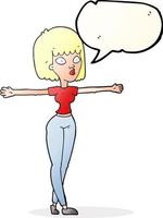 freehand drawn speech bubble cartoon woman spreading arms vector