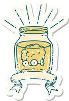 worn old sticker of a tattoo style brain in jar vector