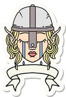 sticker of a crying elf fighter character face with banner vector