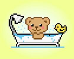 Pixel 8 bit cute bear bathing with rubber duck. Animal game assets in vector illustration.