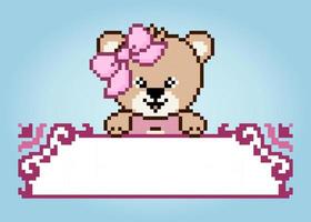 Pixel 8 bit brown bear with speech bubble. Animal game assets in vector illustration.