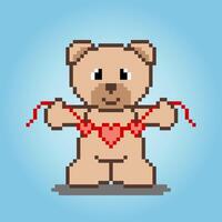 Pixel 8 bit cute bear holding heart hanger. Animal game assets in vector illustration.