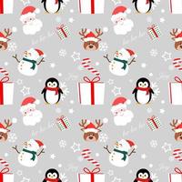 Christmas and New Year Gift Wrapping Paper Ideas  Seamless vector background of snowman,snowflakes,santa claus, reindeer.and gift box on silver color background.