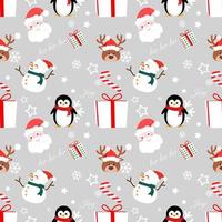 ideas de papel de regalo de navidad y año nuevo fondo de vector transparente de muñeco de nieve, copos de nieve, santa claus, renos y caja de regalo sobre fondo de color plateado.