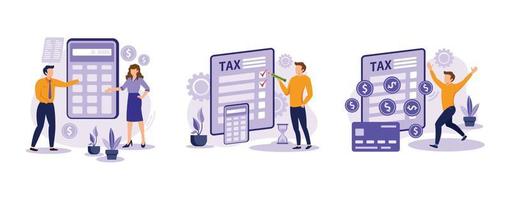 Financial documents and forms, paperwork. Accountant appointment, filing the taxes, tax return metaphors. Calculating obligatory payments. set flat vector modern illustration