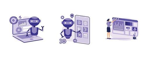 Artificial intelligence for business. AI-powered marketing tool, AI in social media, dashboard service, machine learning. set flat vector modern illustration