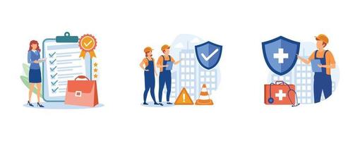 Working environment. Quality work, workplace safety, occupational health, employee performance, workplace assessment. set flat vector modern illustration