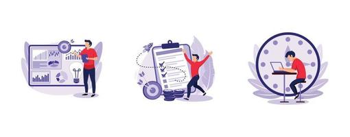 Project lifecycle. Project initiation and closure, deadline, documentation, business analysis, stakeholder approval, work time. set flat vector modern illustration