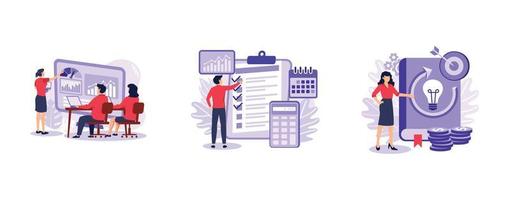 Project management. Business briefing, planning project life cycle, task assignment, business case, financial data report. set flat vector modern illustration