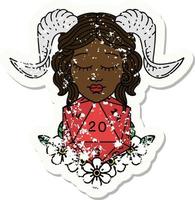 grunge sticker of a tiefling with natural 20 D20 dice roll vector
