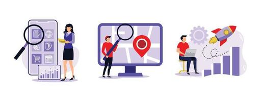SEO strategy. Mobile media optimization, local search, boost in traffic, search engine targeting, business digital promotion. set flat vector modern illlustration