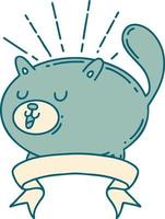 scroll banner with tattoo style happy cat vector