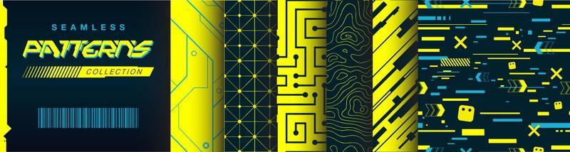 Cyberpunk Seamless Pattern Collection Set, Glitch Effect, Motherboard, Integrated circuit, Contour Map, Decorative Mosaic from Future. Materials for apparel, clothes, textiles.
