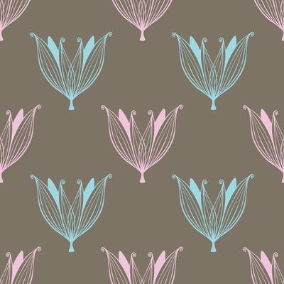 Seamless pattern with doodle flowers pink and blue pastel color on brown background.