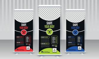 Shape your body Fitness gym business standee x rollup banner design with three dark night neon glowing color red blue and lime vector template