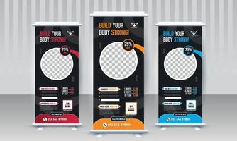 Build your body strong Fitness gym business standee x rollup banner design with three color variants red blue orange modern vector template