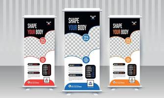 da forma a tu cuerpo gimnasio negocio standee x diseño de banner acumulativo con variante de tres colores plantilla de vector rojo azul naranja