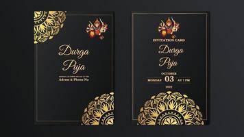 plantilla de tarjeta de invitación de vector dorado vintage de lujo. feliz durga puja conjunto de tarjetas de felicitación, carteles, portadas de entretenimiento. diseño de durga puja con hermoso mandala, estilo moderno, fondo oscuro