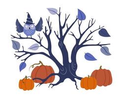 Halloween scene. Scary tree with branches, an owl and pumpkins isolated on a white background. Vector flat illustration.