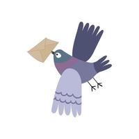 Gray pigeon postman flies with a mail. The bird delivers letters. Pigeon post. Vector hand drawn illustration.