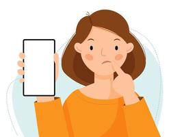 una linda chica sostiene un teléfono en sus manos. una mujer muestra un teléfono vacío y piensa, duda, no confía. emoción negativa ilustración plana vectorial. vector