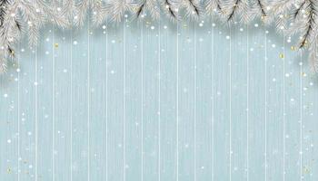 fondo de navidad con copos de nieve en textura de madera azul, escena de invierno vectorial con nieve en textura de panel de madera, telón de fondo de banner de pantalla 3d para el nuevo año 2023 o promoción de navidad vector