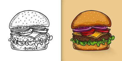 Ilustración de vector de boceto dibujado a mano de concepto de comida rápida de hamburguesa