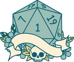 Retro Tattoo Style natural one d20 dice roll vector