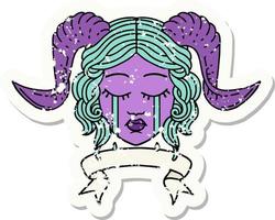 Retro Tattoo Style crying tiefling character face with scroll banner vector