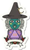 sticker of a half orc witch character with natural 20 dice roll vector