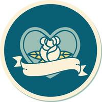 sticker of tattoo in traditional style of a heart rose and banner vector
