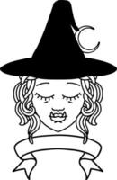 Black and White Tattoo linework Style half orc witch character face with banner vector