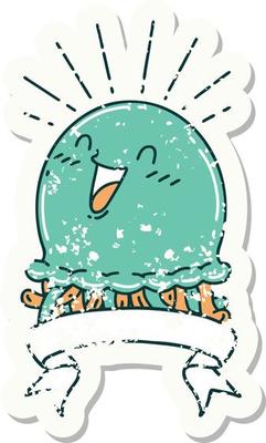 worn old sticker of a tattoo style happy jellyfish