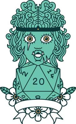Retro Tattoo Style half orc barbarian character with natural 20 dice roll