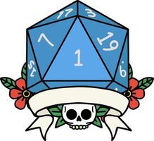 Retro Tattoo Style natural one d20 dice roll vector