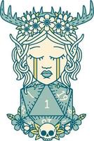 Retro Tattoo Style crying elf druid character face with natural one D20 roll vector
