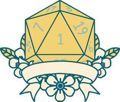 Retro Tattoo Style natural one d20 dice roll vector